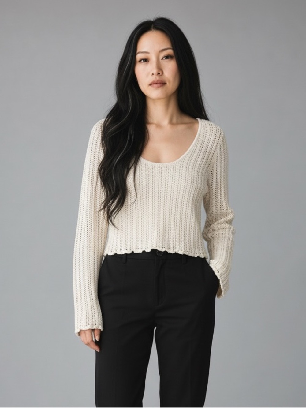 Abercrombie & Fitch Cream Scoop-Neck Knit Sweater